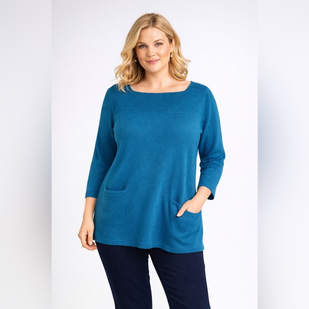 Peck & Peck Cashmere Sweater Tunic XL 2-Ply Teal Blue Boatneck Pocket Knit